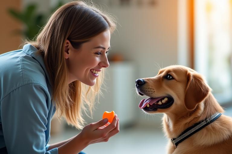 A trainer joyfully interacting with a happy dog in a training session, demonstrating positive reinforcement.