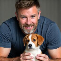 Mark Thompson, our Puppy & Agility Specialist, with a playful puppy.
