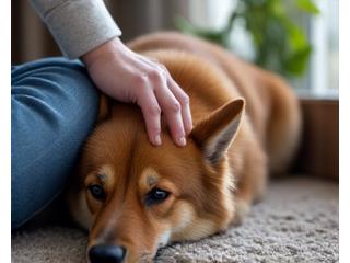 Dog calmly lying down next to its owner, showing improved behavior