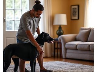 Trainer working with a dog inside a home setting